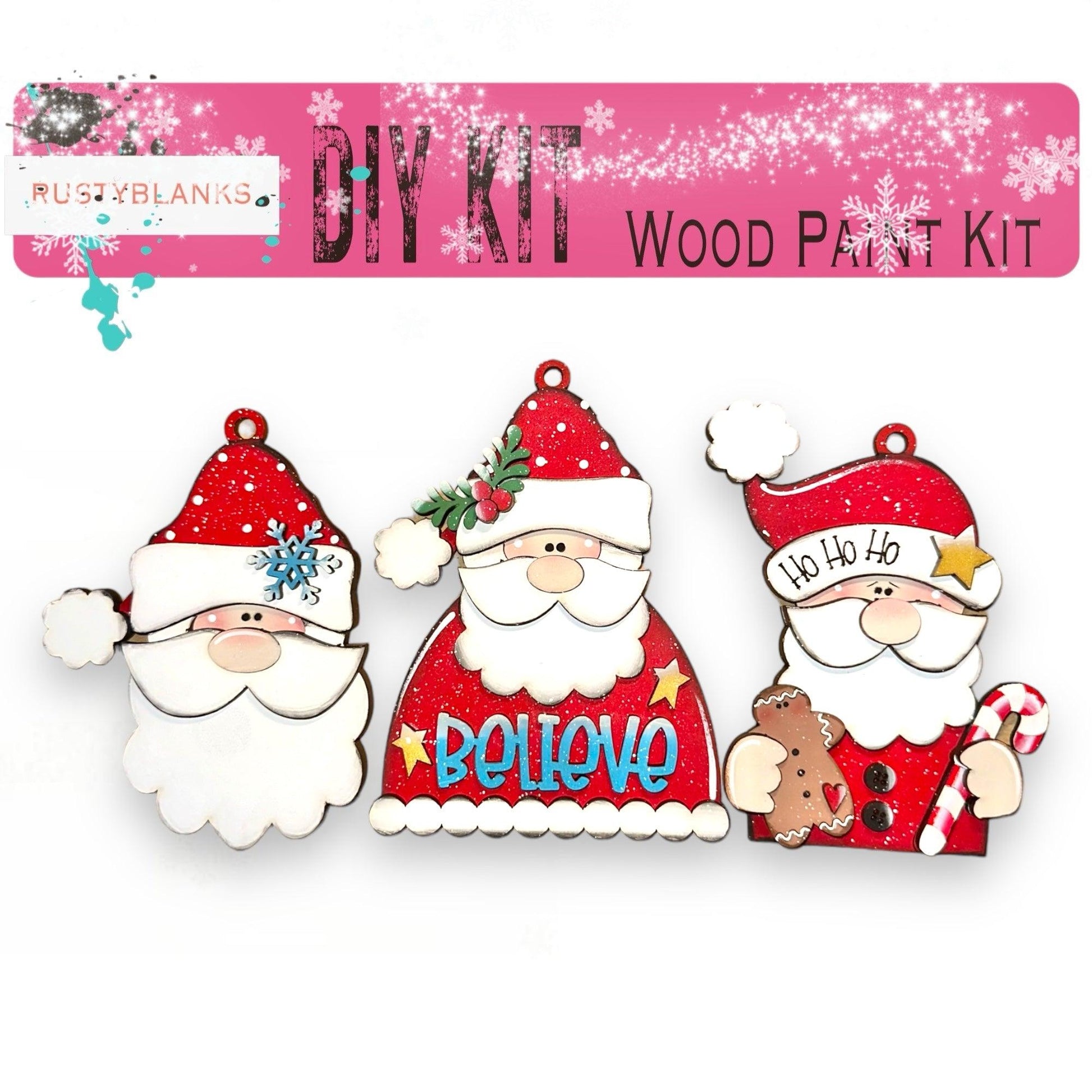 three wooden christmas ornaments with santa claus and a bear