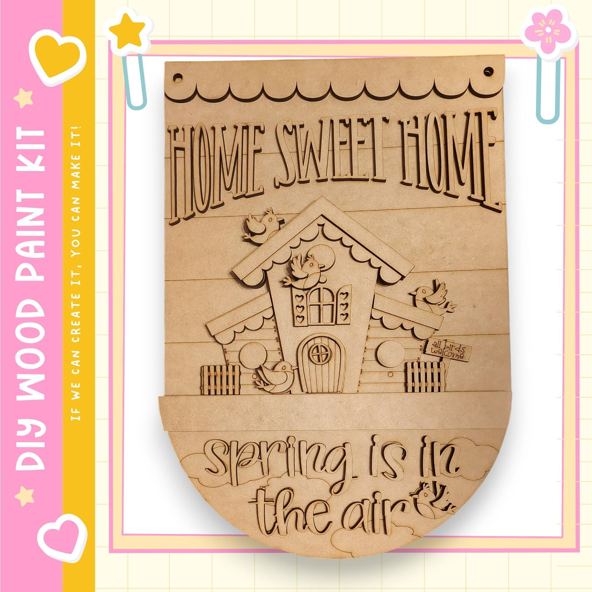 A wooden sign with the text "HOME SWEET HOME" and "Spring is in the air" carved into it, along with a small house and birds.