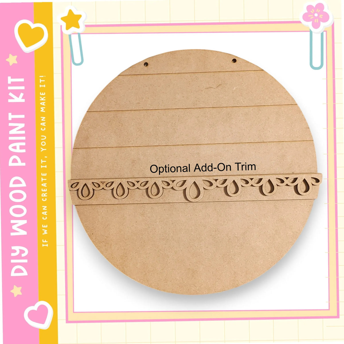 a round wooden piece with a decorative trim, which appears to be a DIY paint kit.