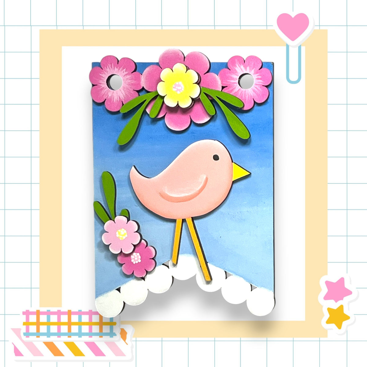 A colorful, hand-painted bird is depicted in a frame, surrounded by flowers and other decorative elements.