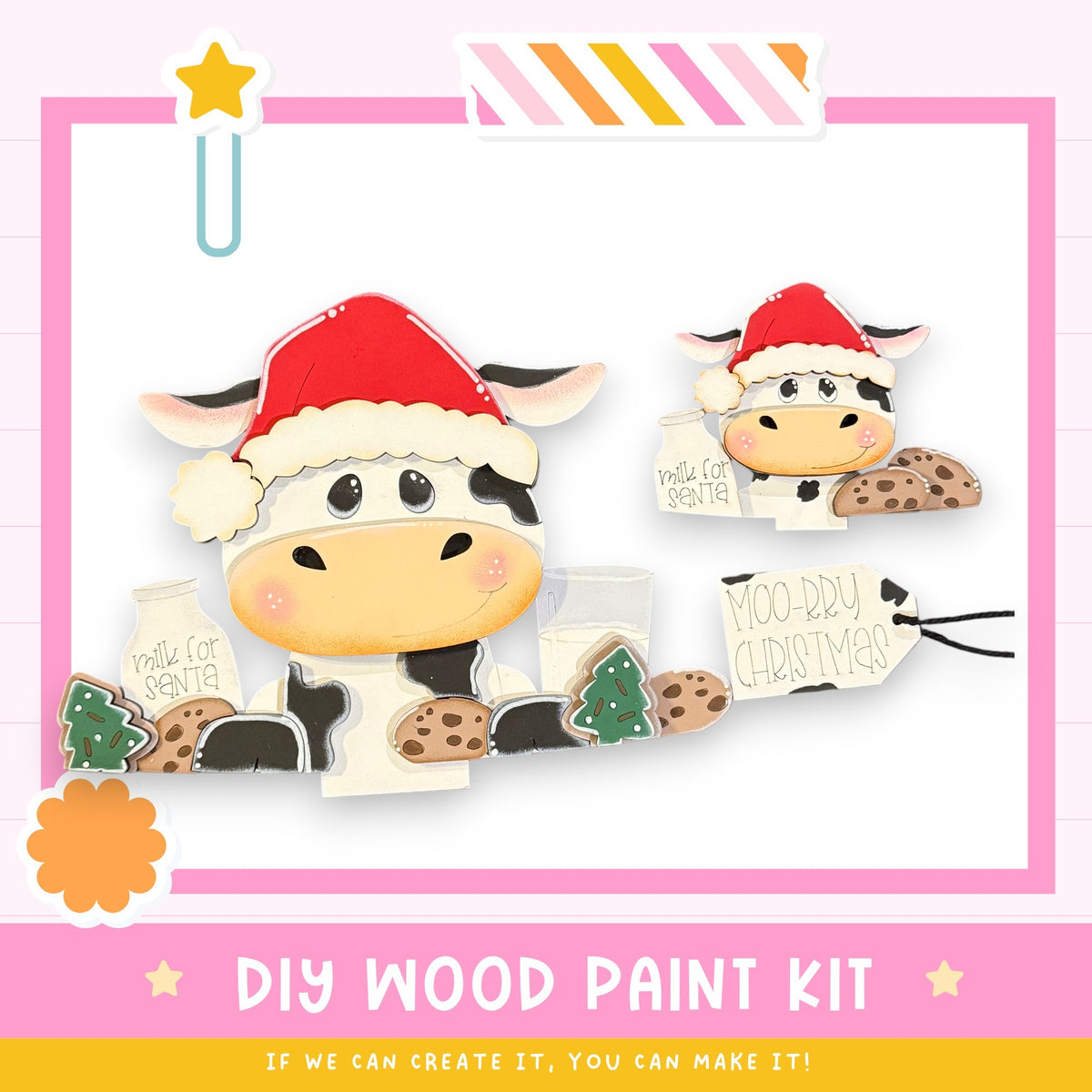 a DIY wood paint kit for creating a Christmas-themed cow decoration. The kit includes a cow-shaped cookie, a cookie-shaped tag, and a cookie-shaped tag. The cow is wearing a Santa hat and holding a cookie. The kit is designed to allow users to create their own Christmas-themed cow decorations.