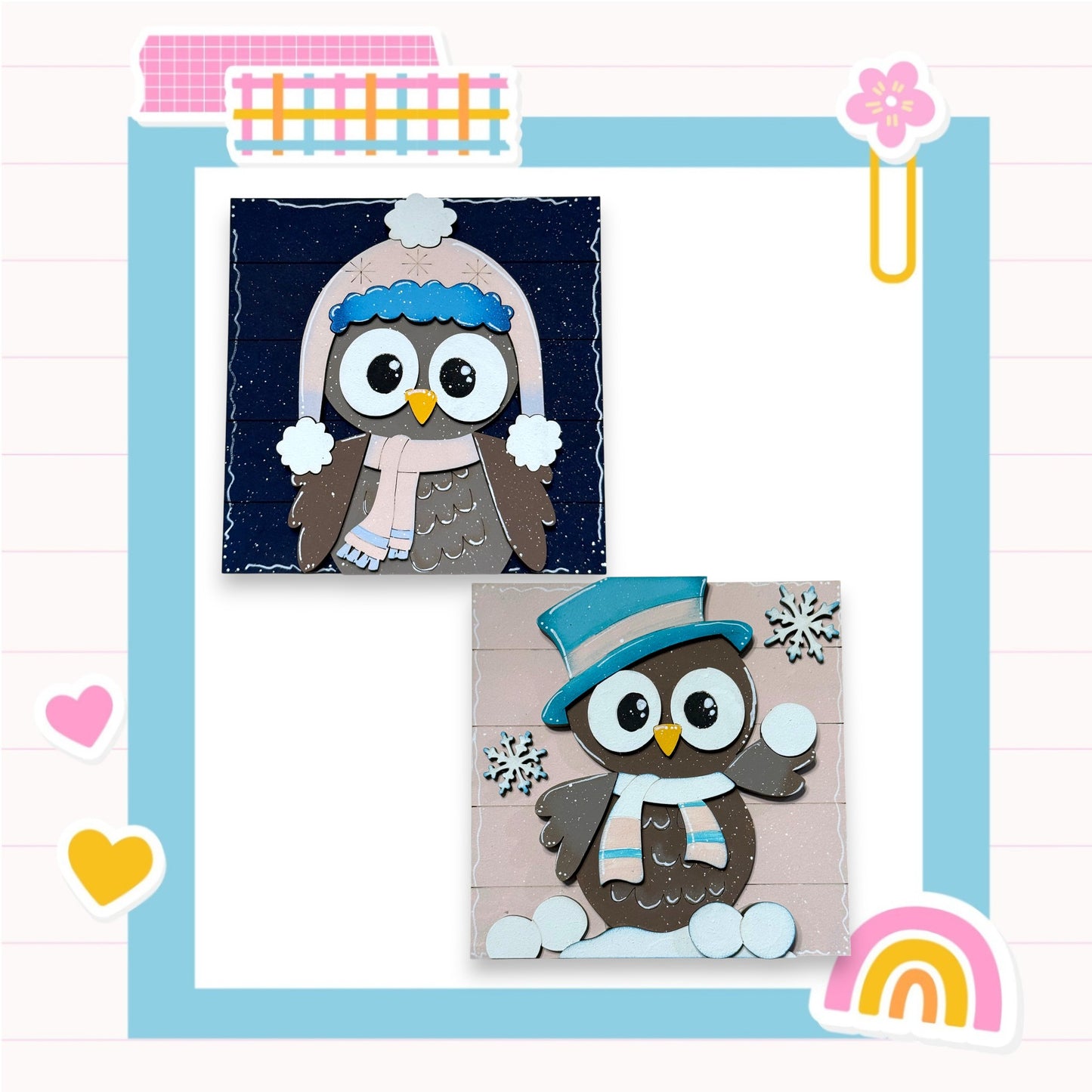 two cartoon owl illustrations, one wearing a hat and scarf, and the other wearing a top hat and scarf, set against a blue background with various decorative elements such as hearts, a rainbow, and a flower.