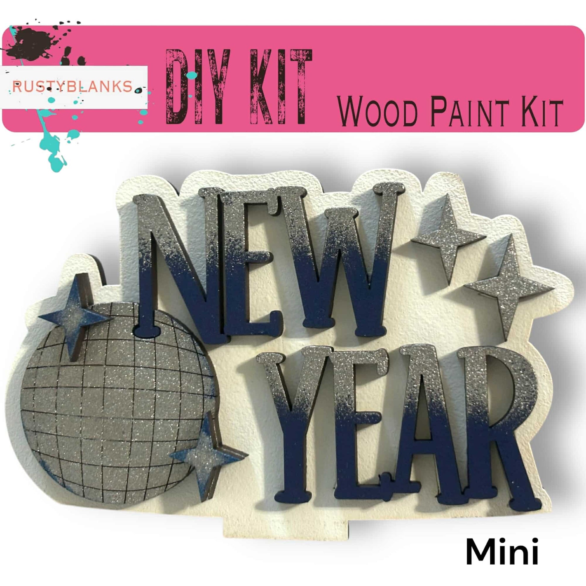 The image is a DIY kit for a wood paint kit, featuring a decorative piece with the text "NEW YEAR" and stars.