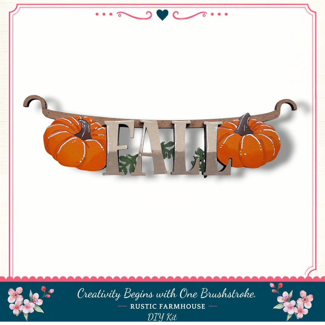 a rustic farmhouse-style DIY kit for creating a fall decoration, including a wooden sign with the word "FALL" and two orange pumpkins.