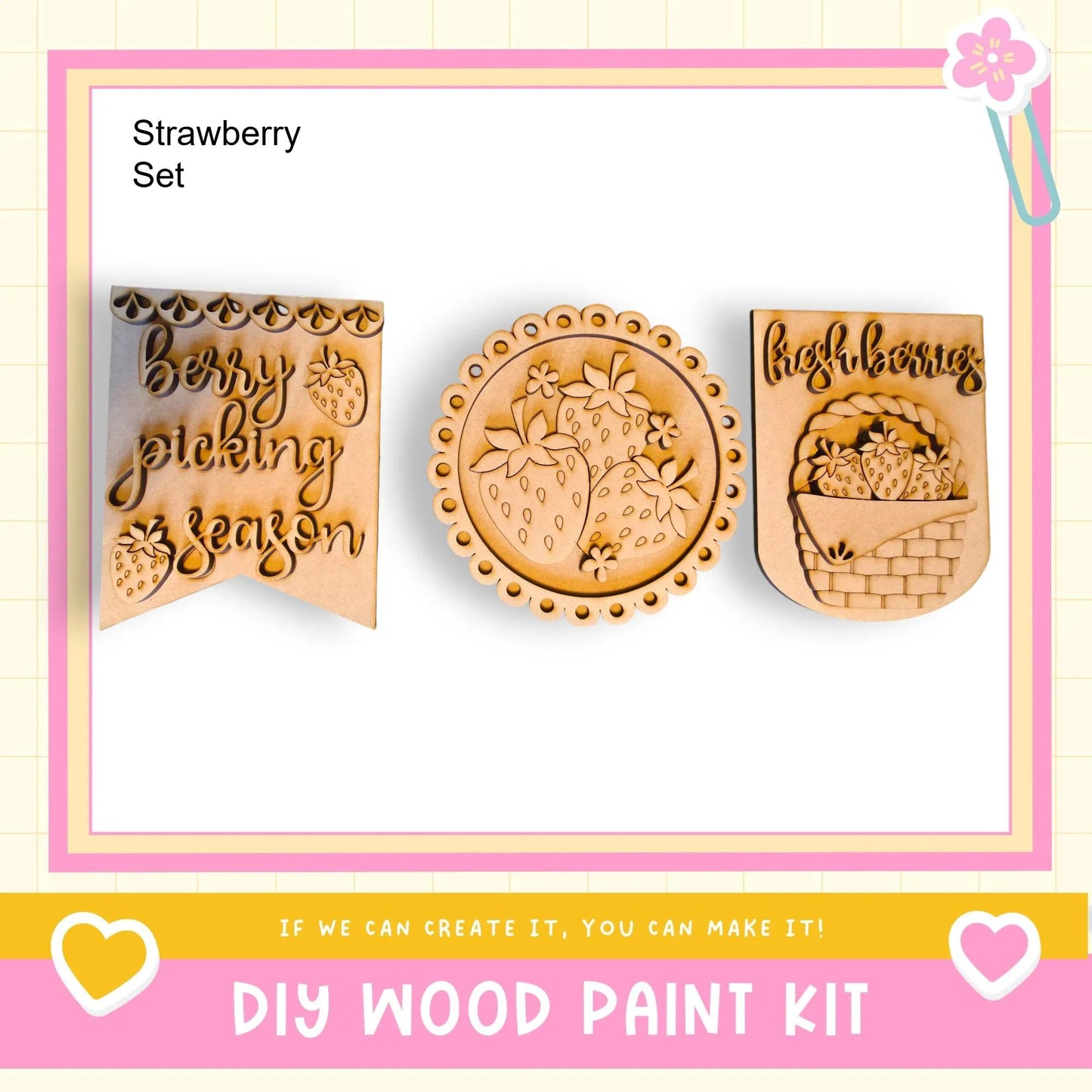 three wooden paint kits, each with a unique design and text. The kits appear to be made of wood and are designed for creating custom paint designs. The kits are presented in a collage format, with the text "DIY WOOD PAINT KIT" displayed prominently.