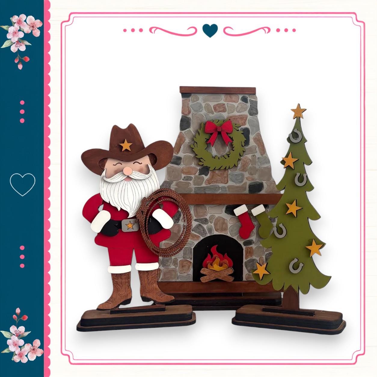 Santa Claus holding a wreath stands in front of a fireplace with a Christmas tree and a horse decoration.