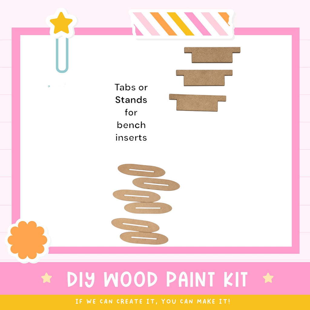 The image is a DIY wood paint kit with instructions for creating wooden benches or stands using tabs or stands. The kit includes a list of materials and instructions for assembling the benches or stands.