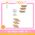 The image is a DIY wood paint kit with instructions for creating wooden benches or stands using tabs or stands. The kit includes a list of materials and instructions for assembling the benches or stands.