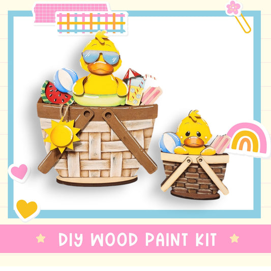 a wooden ducky in a basket with a rainbow in the background