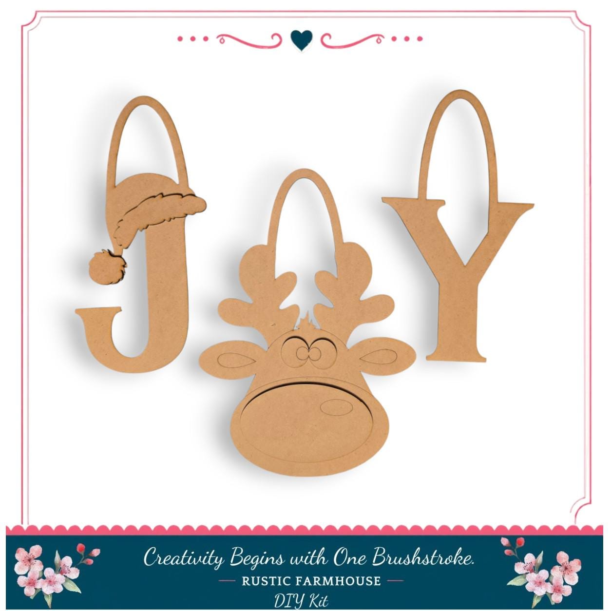 a DIY kit for creating Christmas ornaments, including a jolly reindeer, a y, and a letter "Y".