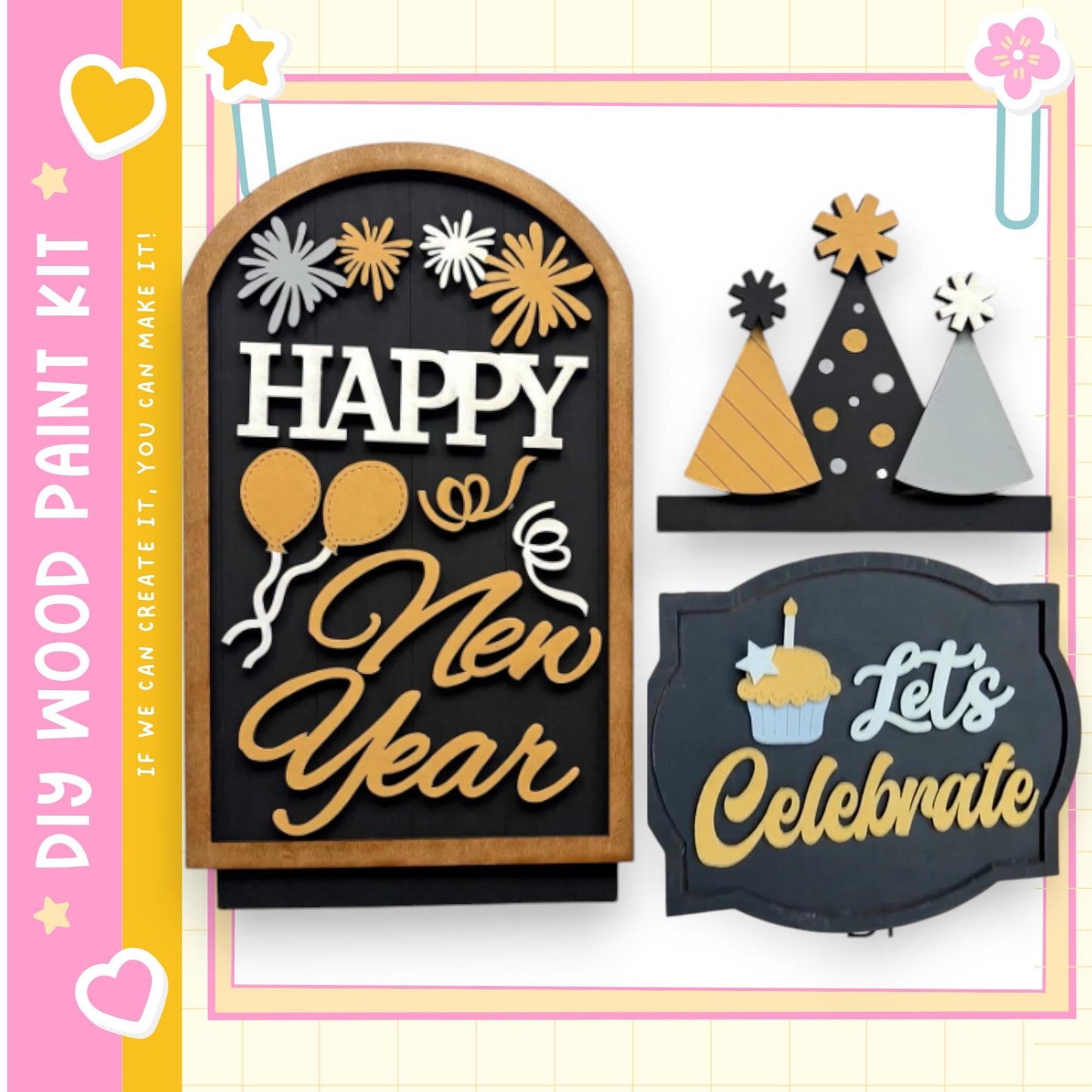 three wooden signs with festive New Year's decorations, including a "Happy New Year" sign, a "Let's Celebrate" sign, and a "New Year's" sign with a cupcake.