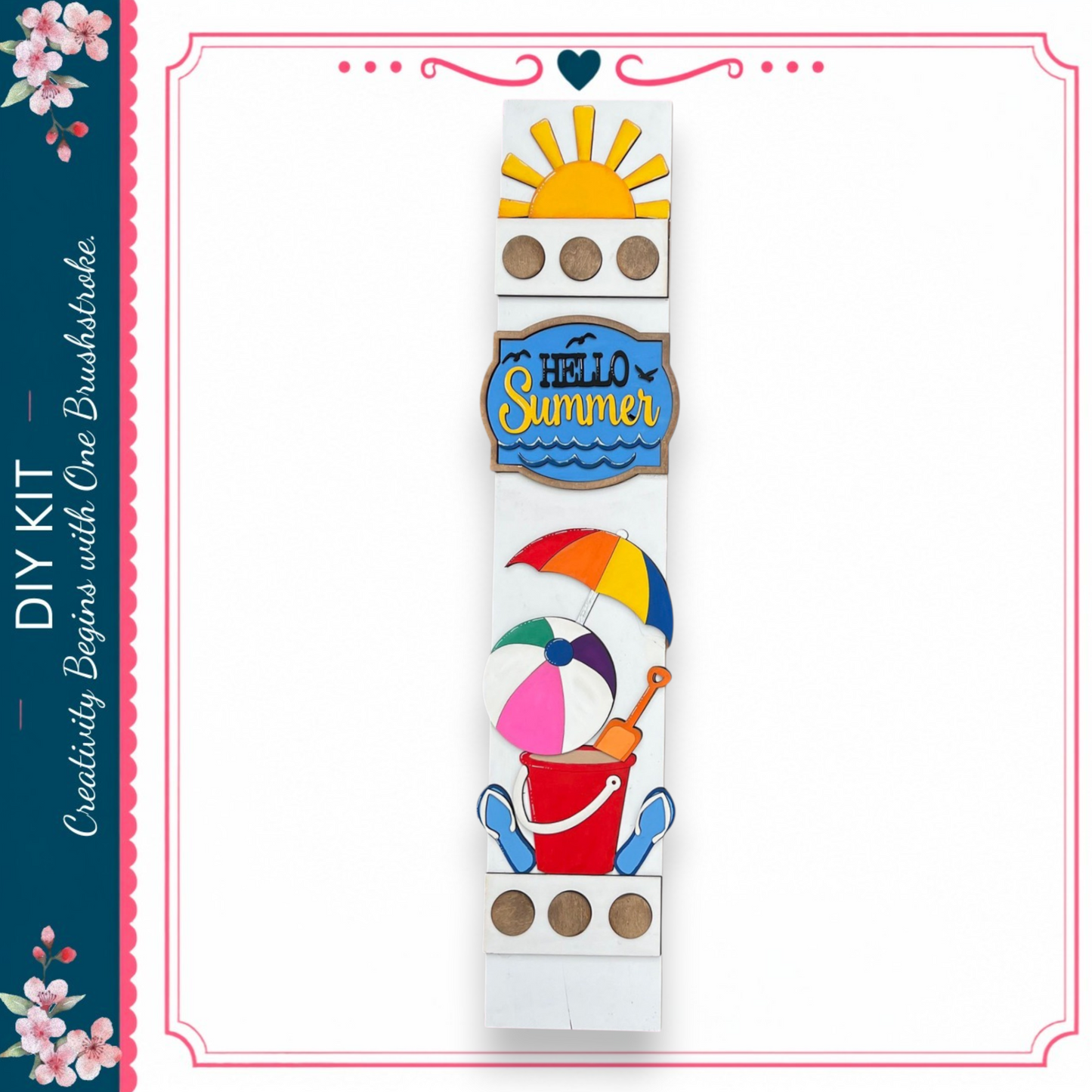 a colorful and vibrant DIY kit for creating a summer-themed sign. The kit includes various decorative elements such as a sun, a bucket, and an umbrella, all of which are depicted in the image. The kit is designed to be used as a creative project, allowing users to customize and personalize their summer sign according to their preferences.
