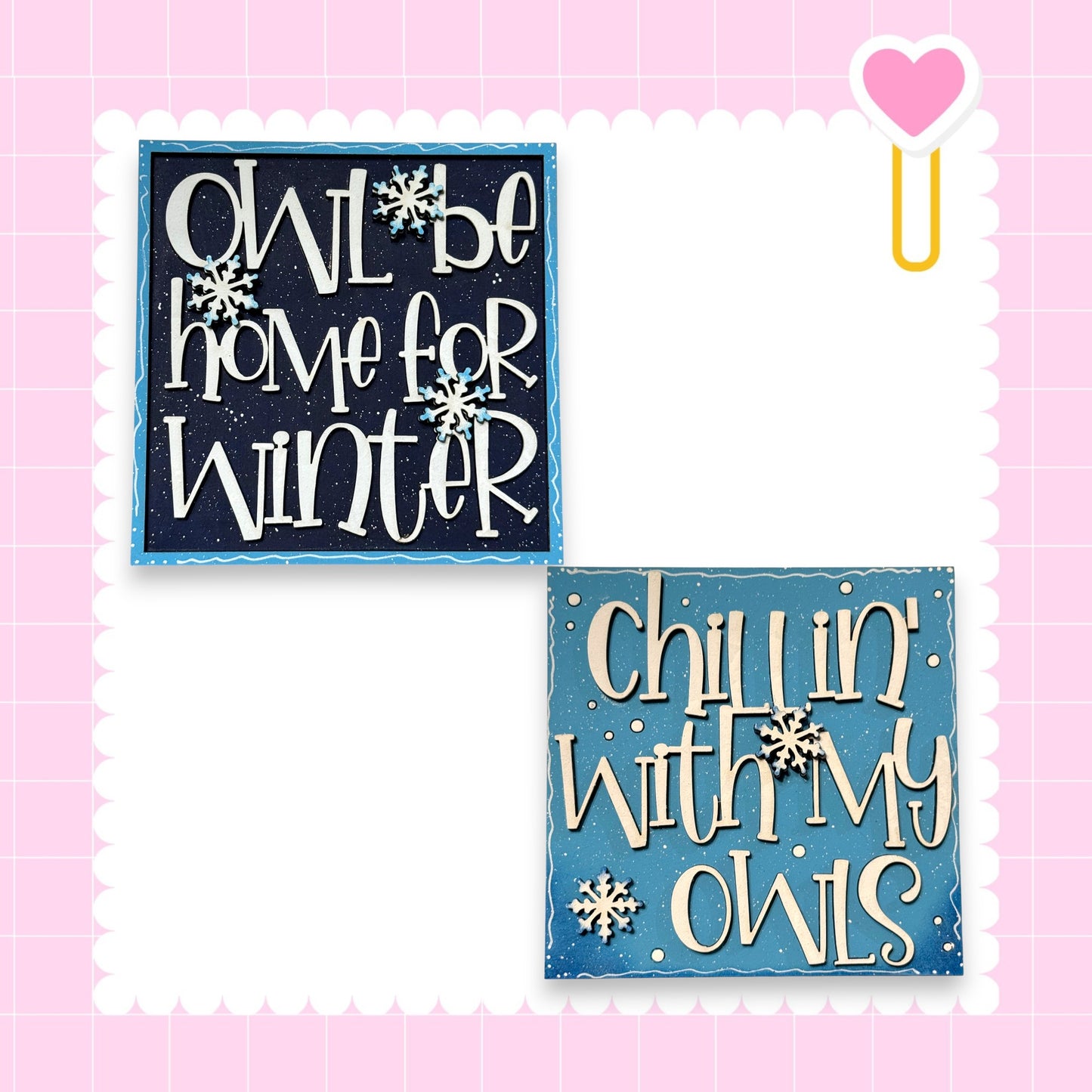 two square signs with winter-themed text, one in blue and one in pink, set against a pink background with a scalloped edge.