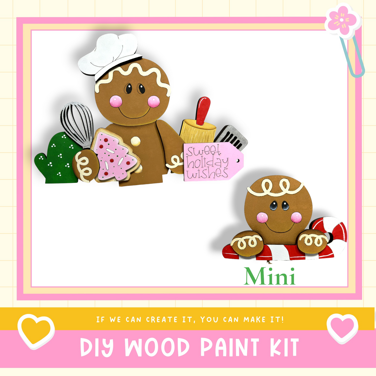 The image is a collage of two images featuring two wooden gingerbread men, one larger and one smaller, along with various baking-related items such as a whisk, a cookie, and a sign.