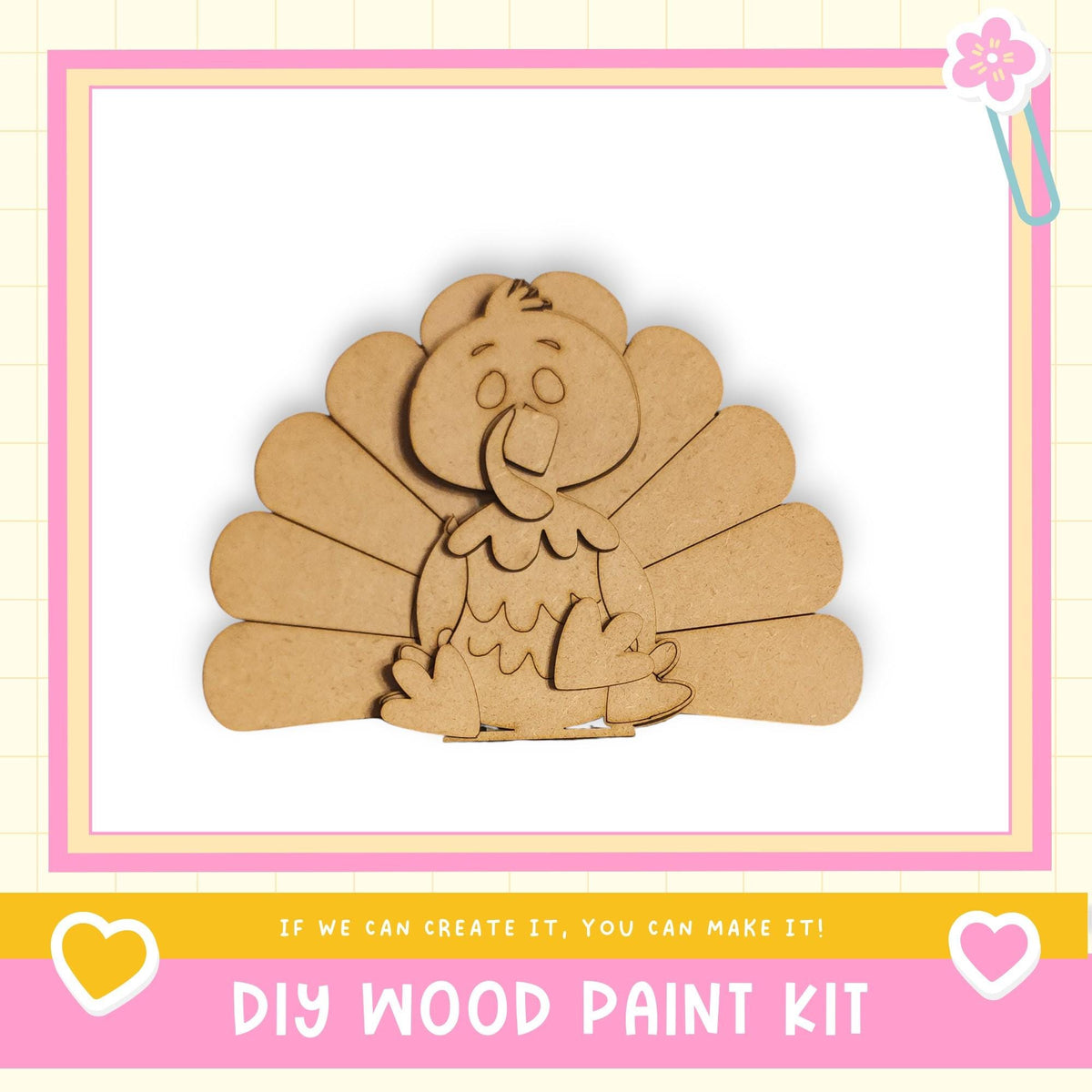 a DIY wood paint kit, with a wooden turkey figure as the main focus. The kit appears to be made of cardboard and is designed for children to create their own wooden designs.