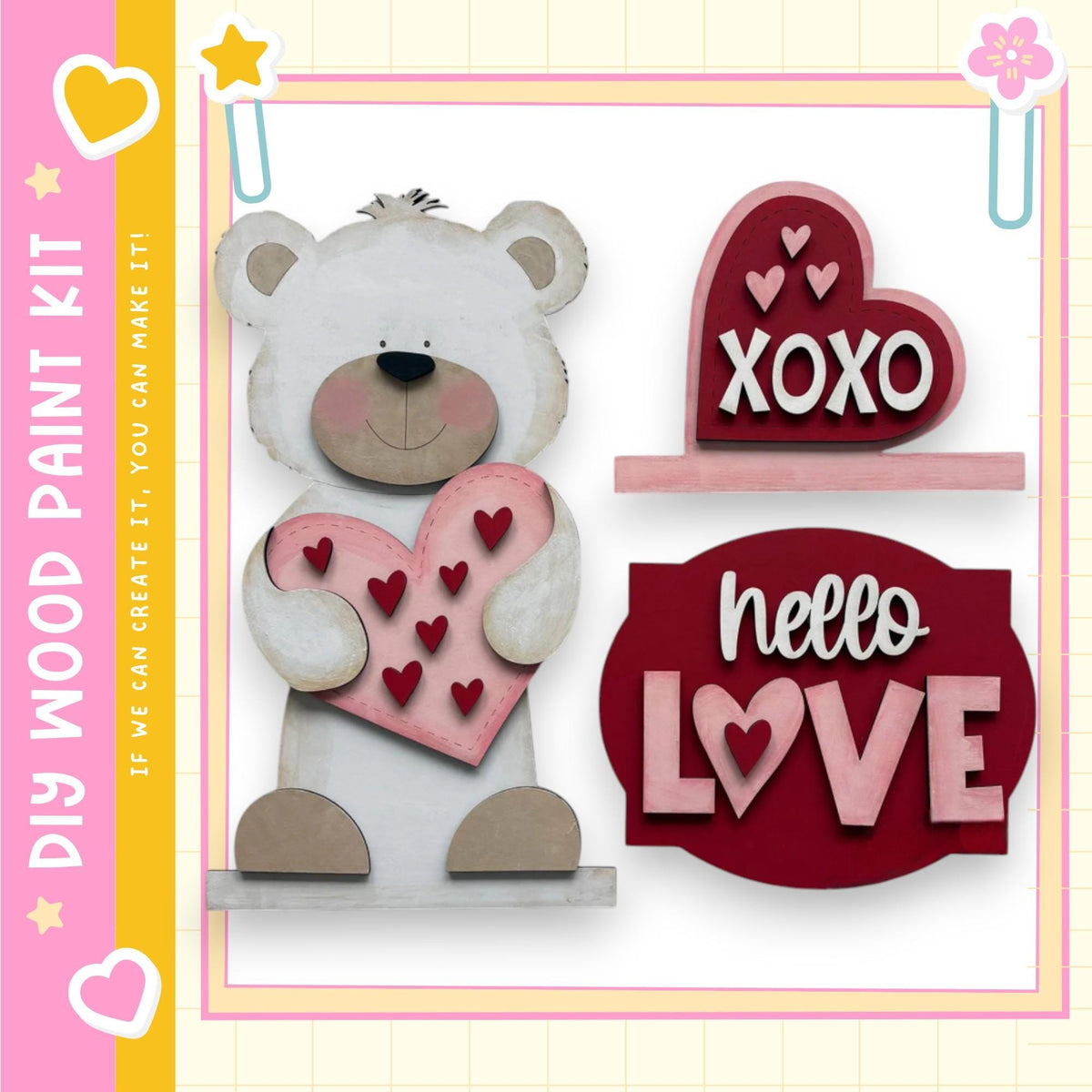 a wooden teddy bear holding a heart-shaped sign that says "XOXO" and another sign that says "Hello Love".