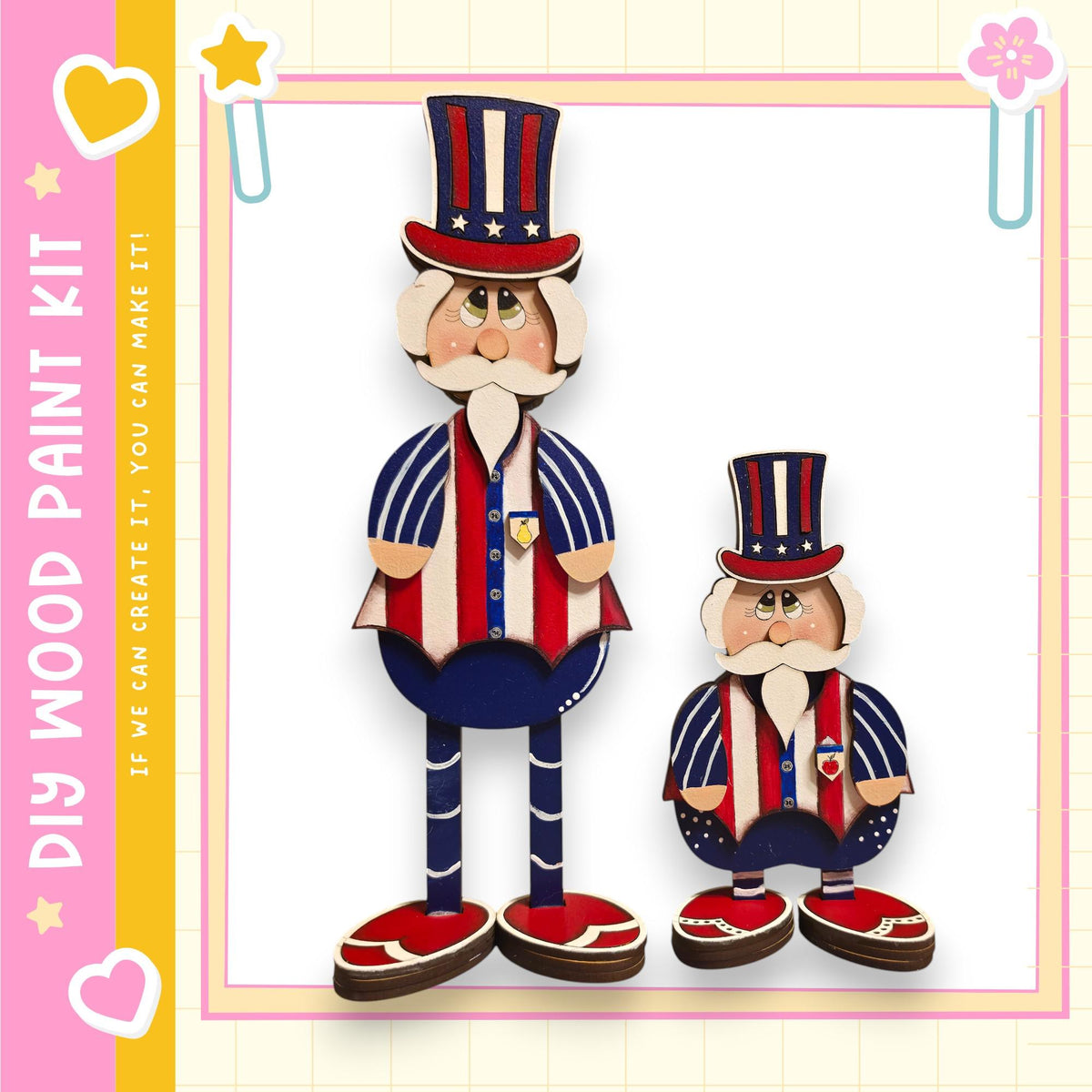 two wooden figures, one larger and one smaller, dressed in patriotic attire with red, white, and blue colors.
