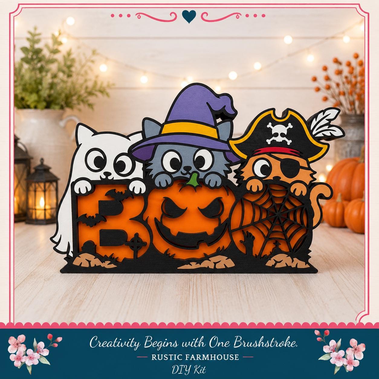 A Halloween-themed DIY kit featuring a pumpkin with a cat wearing a witch's hat, a pirate hat, and a spider web, along with other Halloween-themed elements such as pumpkins and a vase.