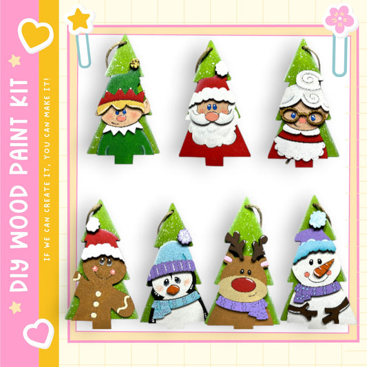 a collection of colorful, hand-painted Christmas ornaments in the shape of various characters, including Santa Claus, an elf, a reindeer, a snowman, and a gingerbread man.