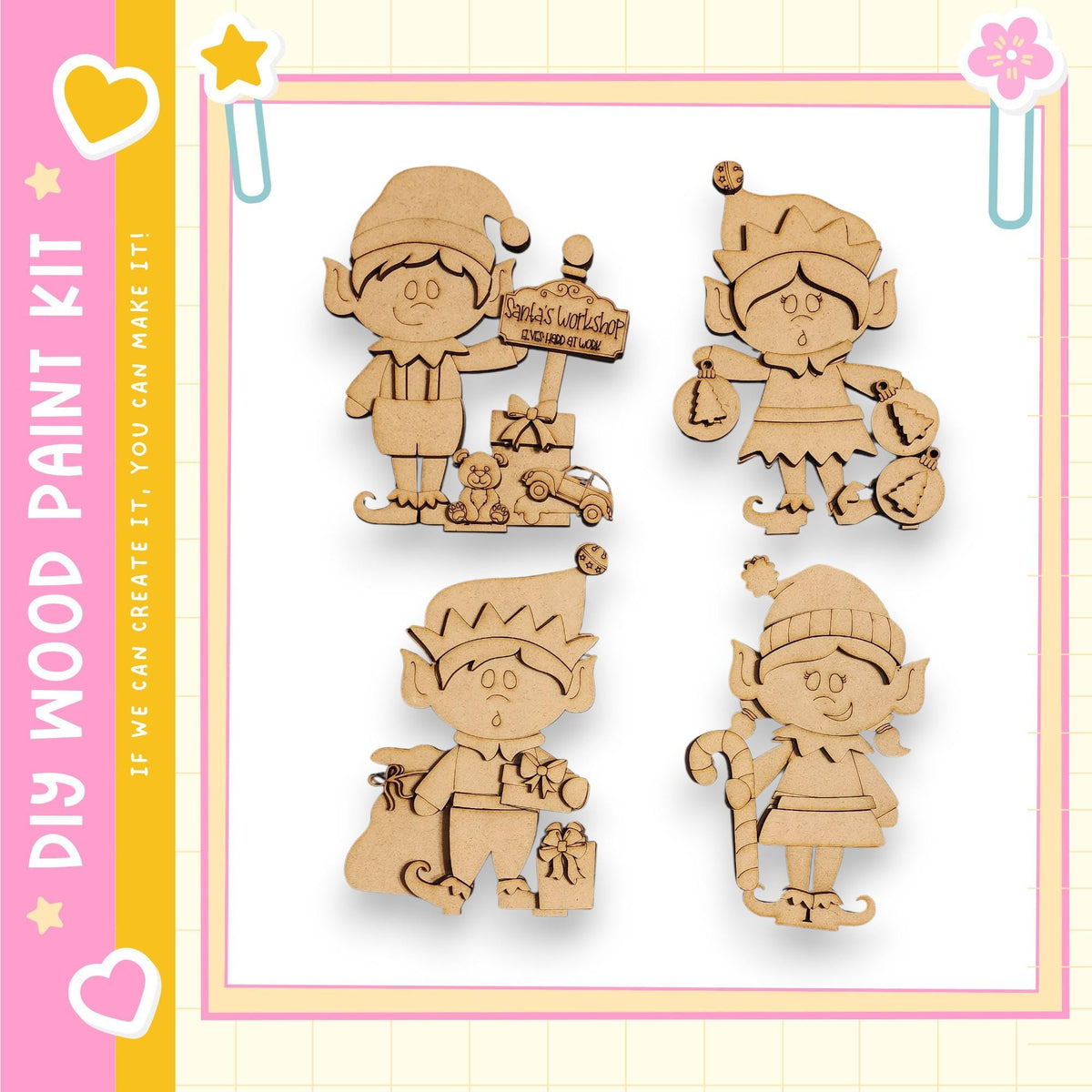 four wooden elf figurines, each with unique poses and accessories, arranged in a square frame.