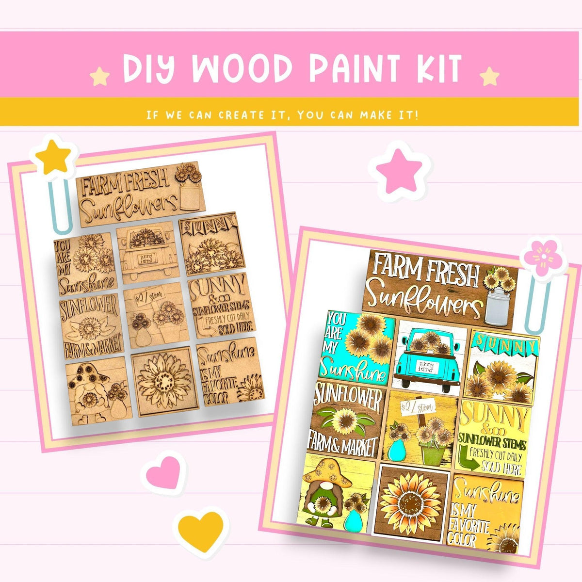 a wooden craft kit with sunflowers and farm animals