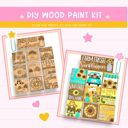 a wooden craft kit with sunflowers and farm animals