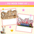 a wooden cutout of an easter bunny and a sign that says easter egg hunt