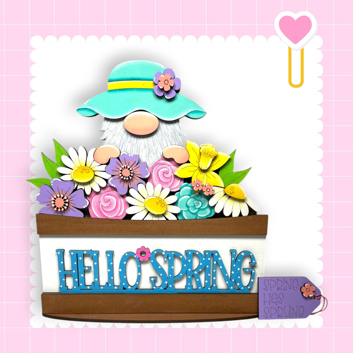 a card with a picture of a gnome in a flower box