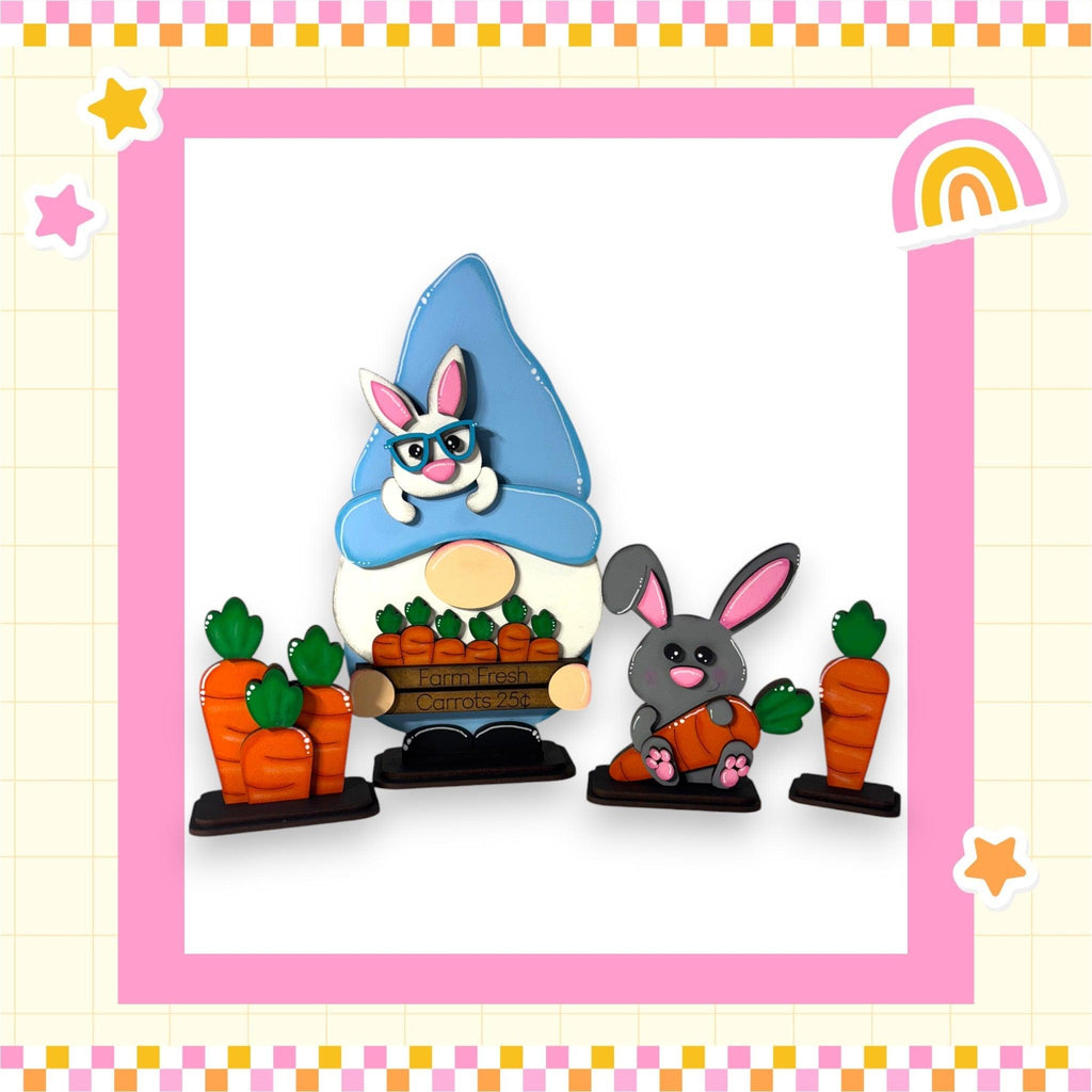 a card with a picture of a gnome and a rabbit