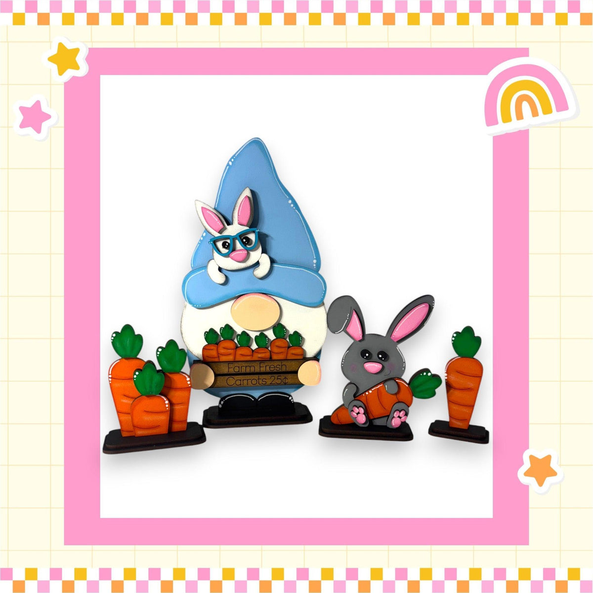 a card with a picture of a gnome and a rabbit