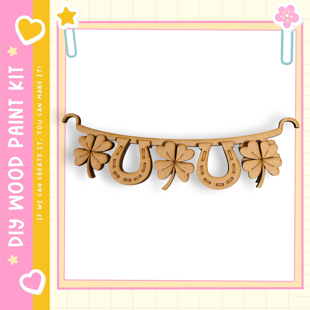 A wooden sign with four horseshoes and four clover leaves attached to it.