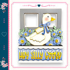 A decorative wooden frame with a cartoon goose and flowers, along with the text "Hey Silly Goose" written on it.