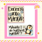 two phrases related to winter, one in a square frame and one in a rectangular frame, along with a cute penguin illustration.