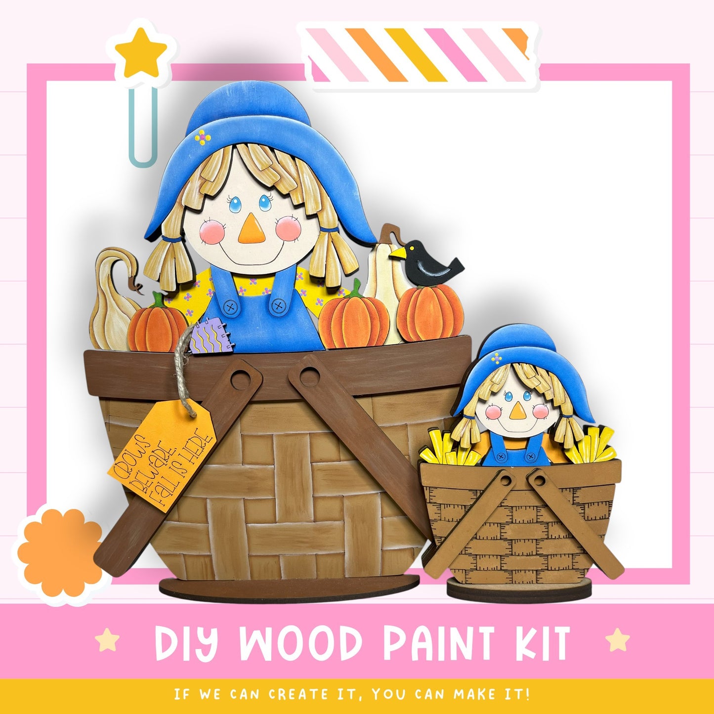 a DIY wood paint kit for creating a scarecrow, with two scarecrow figures sitting in wooden baskets. The kit includes a label and instructions for painting the scarecrow figures.