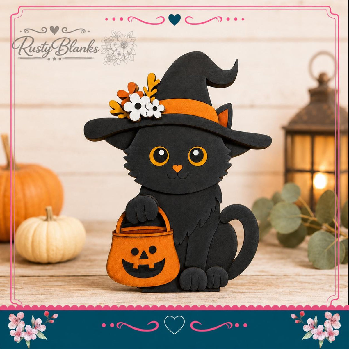 A black cat wearing a witch's hat and carrying a carved pumpkin is the main focus of the image. The cat is sitting on a wooden surface, surrounded by pumpkins and a lantern, creating a festive Halloween atmosphere.