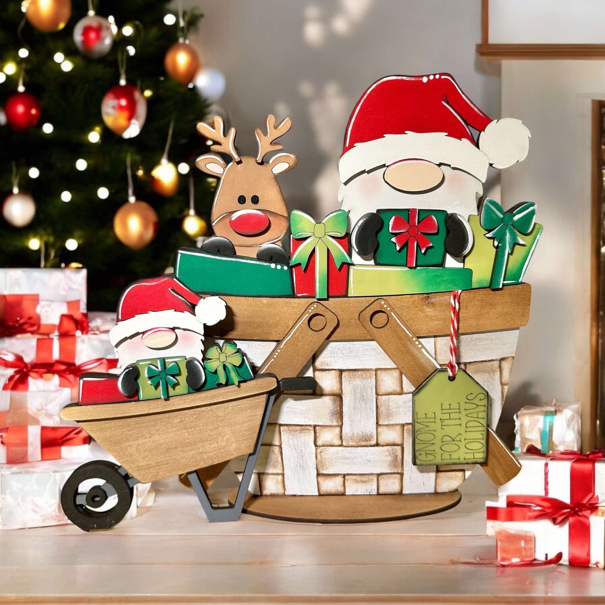 a christmas scene with a sleigh of gifts and a christmas tree