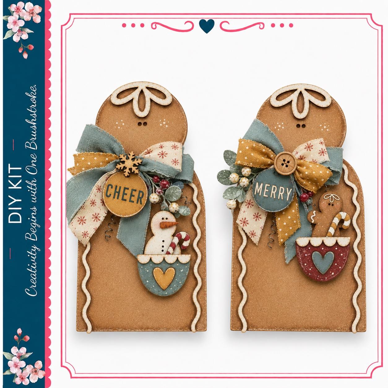 two gingerbread men with festive decorations, including bows and snowmen, against a white background.