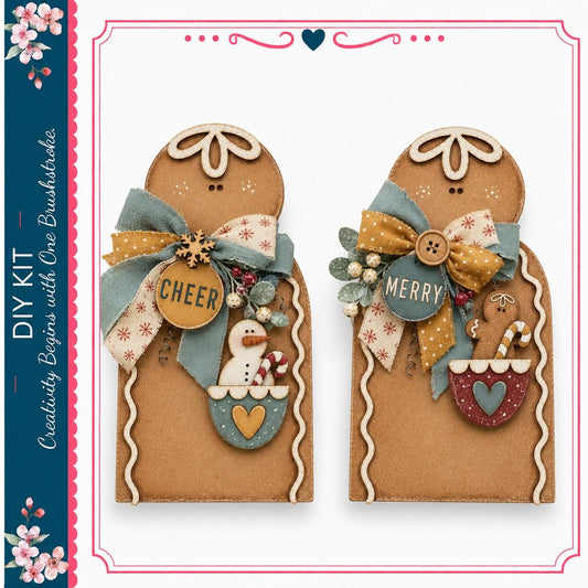 two gingerbread men with festive decorations, including bows and snowmen, against a white background.