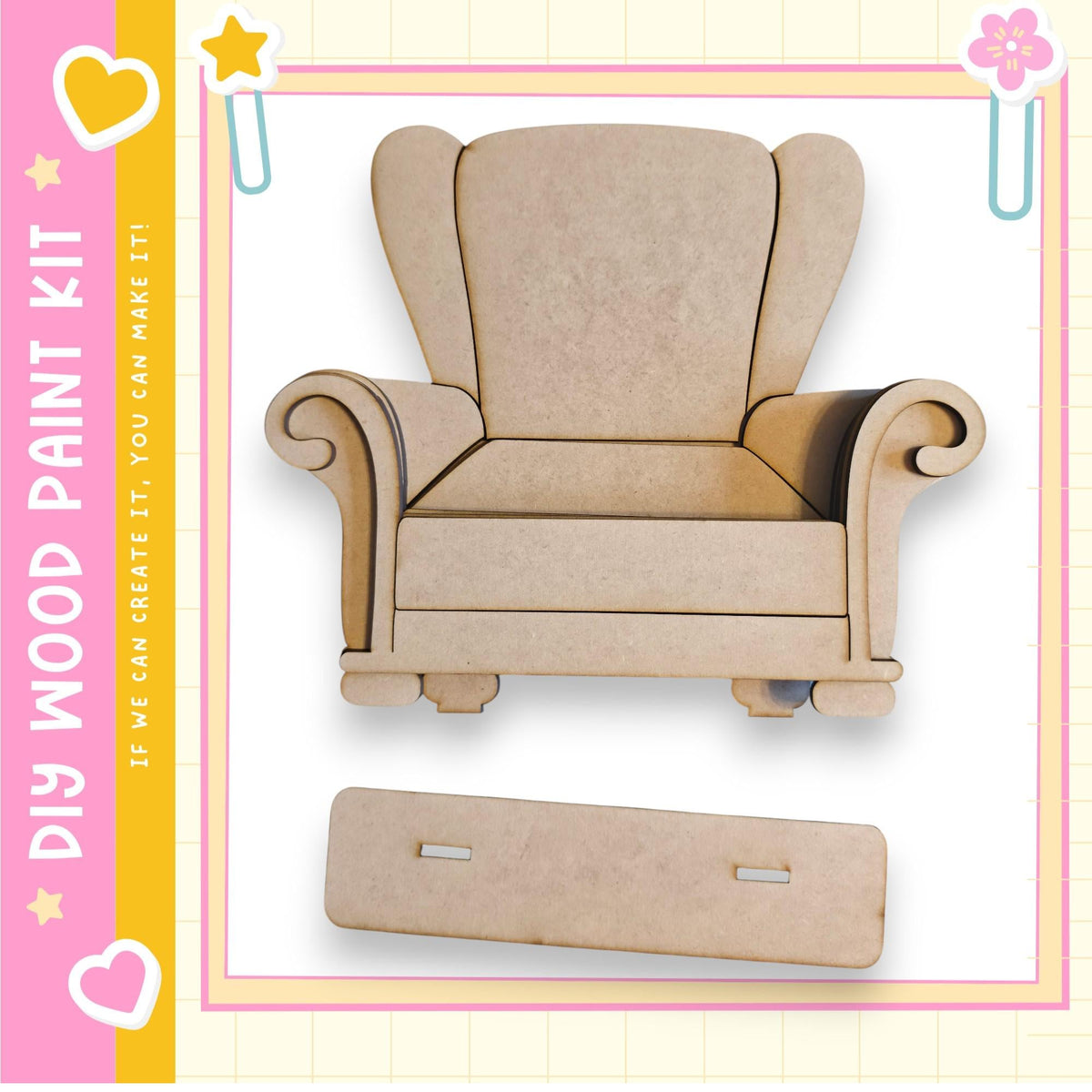 a wooden chair, which appears to be a DIY (Do-It-Yourself) paint kit. The chair is made of wood and is designed to be painted and assembled. The kit includes a wooden base and a wooden armrest, which can be used to create the chair. The kit is presented in a pink and yellow frame, adding a decorative touch to the overall presentation.
