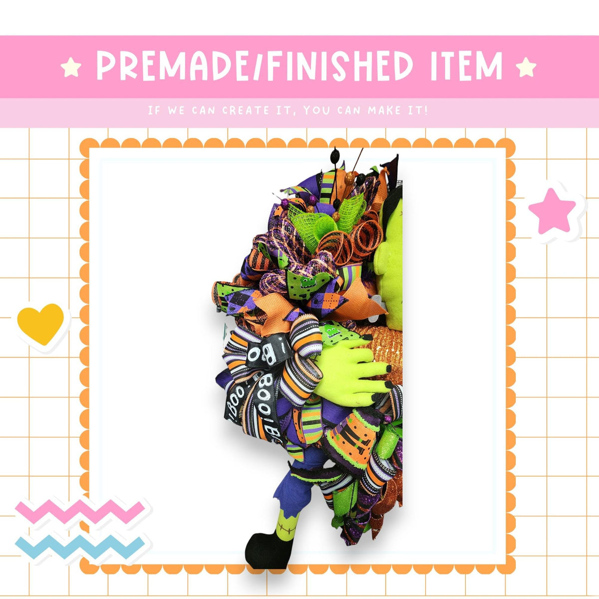 The image is a collage featuring a Halloween-themed wreath made of various colorful fabrics and materials.