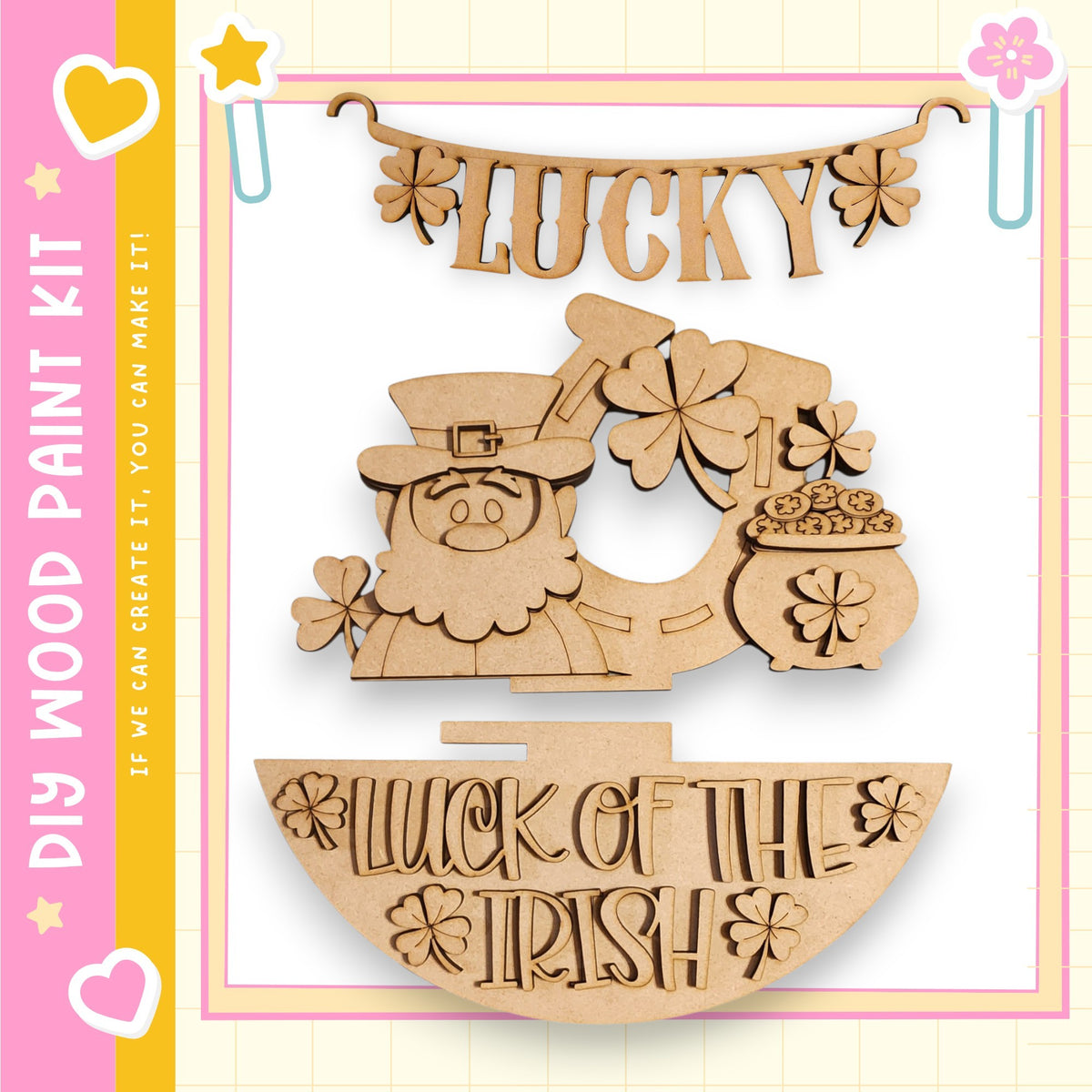 a wooden cutout of a leprechaun holding a pot of gold, with the word "Lucky" written above it. The cutout is surrounded by various other cutout shapes, including clovers and flowers, creating a festive and lucky atmosphere.