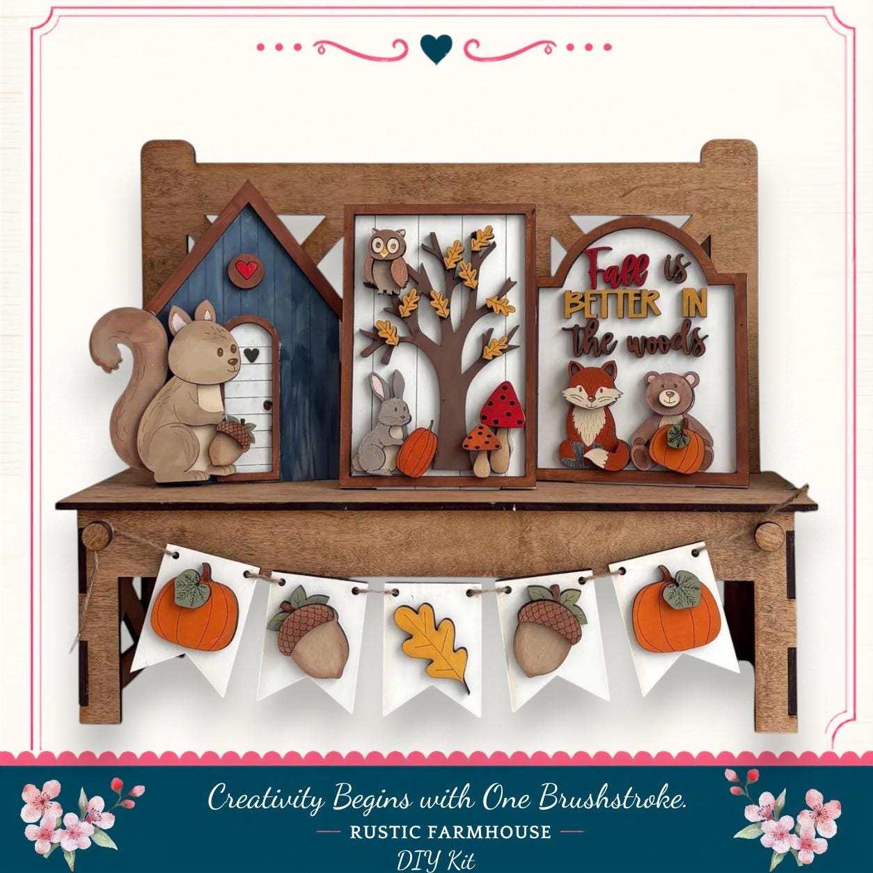 The image is a wooden shelf display featuring various fall-themed elements, including a squirrel, a tree, and a banner with fall decorations.