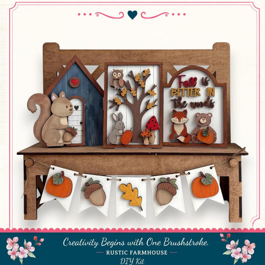 The image is a wooden shelf display featuring various fall-themed elements, including a squirrel, a tree, and a banner with fall decorations.
