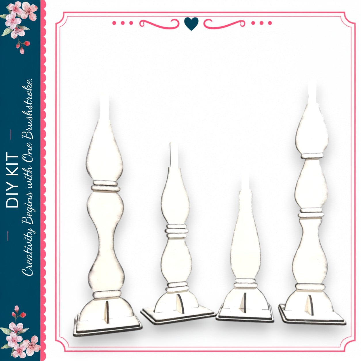 a collection of five white, ornate candle holders with a floral border on the left side.