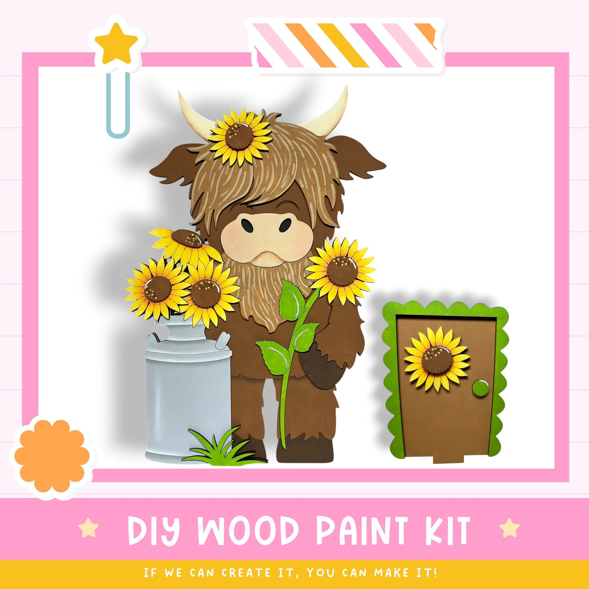 A wooden paint kit featuring a cartoon cow holding a bunch of sunflowers, with a door and a plant nearby.