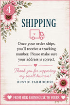 The image is a floral-themed shipping label for a small business called Rustic Farmhouse. It features a pink background with white flowers and a pink truck icon. The text on the label provides instructions for shipping and expresses gratitude for supporting the business.
