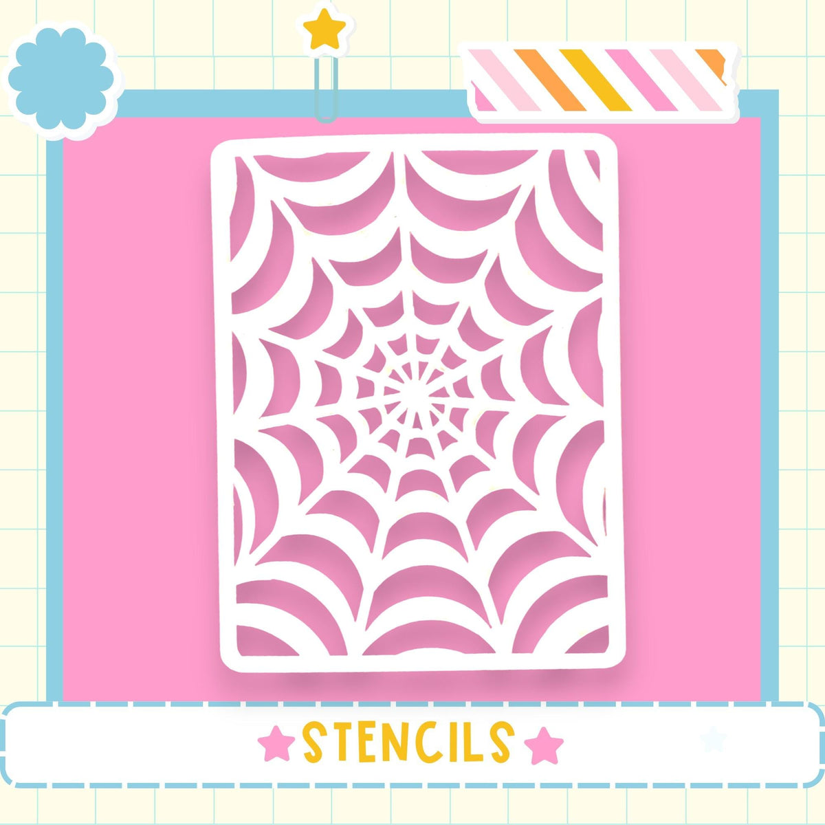 a white spider web stencil with a pink background.