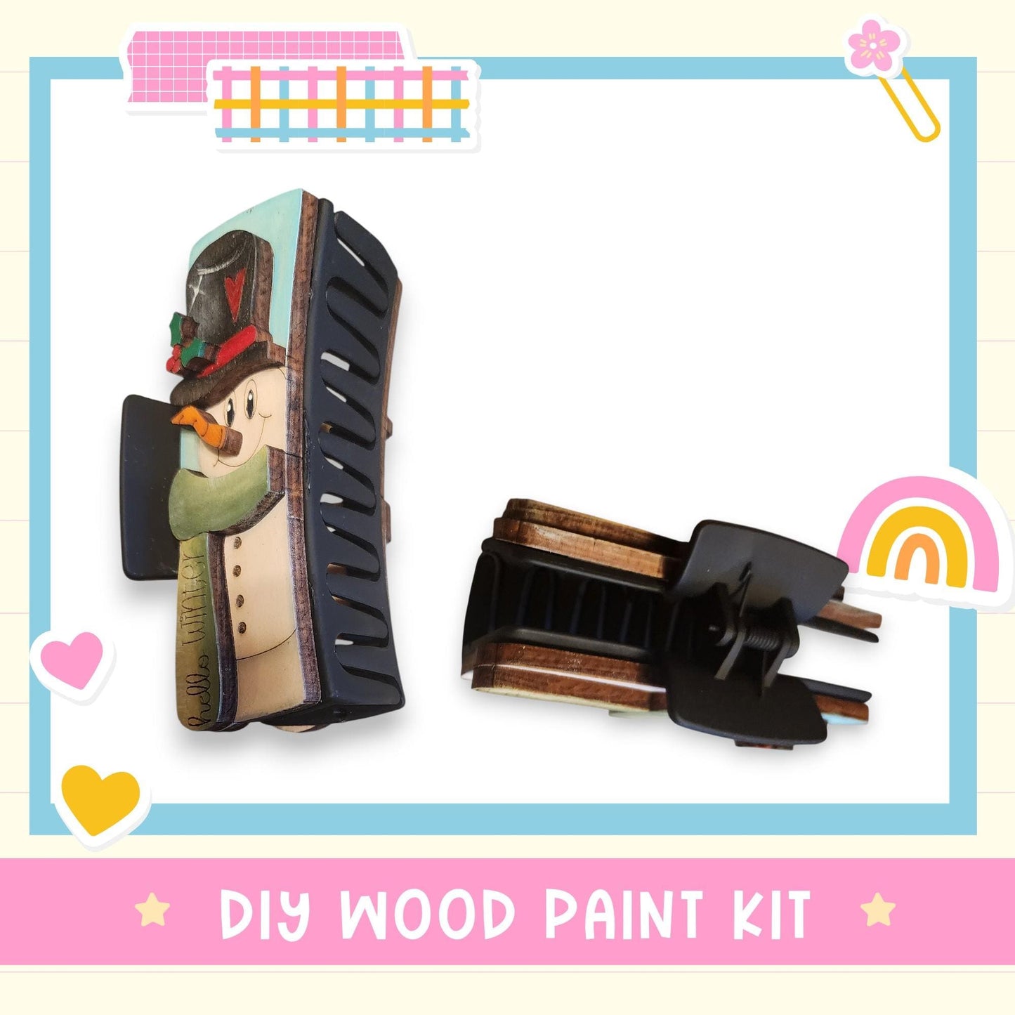 a DIY wood paint kit, including a snowman decoration and a paintbrush holder.