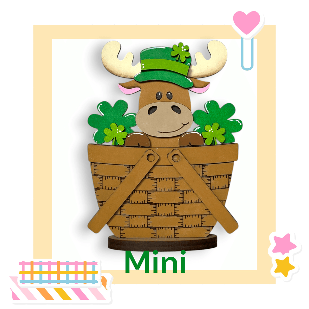 a picture of a cow in a basket with shamrocks