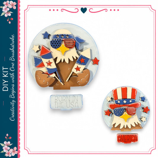 two patriotic-themed cookies, each with an eagle wearing sunglasses and holding a flag. The cookies are decorated with stars, stripes, and the word "America" written on them.